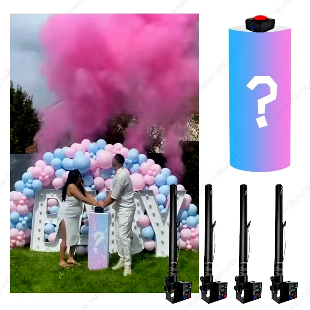 Push Button Start Geschlecht offenbaren Rauch Schießen Maschine Party Dekoration Prop Baby Konfetti Pulver Kanone rosa blau Game Show FX Image