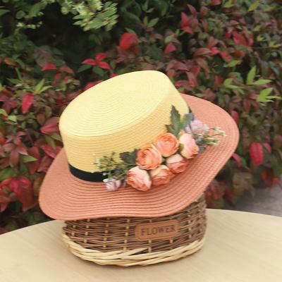 Wide Brim Summer Beach Hat with Floral Lace Tie, Breathable Paper Material, Elegant Pastel Design for Outdoor Sun Protection