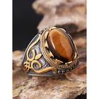 Men's vintage tiger eye stone stainless steel ring, antique silver tribal design, bold statement ring, suitable for casual and formal occasions