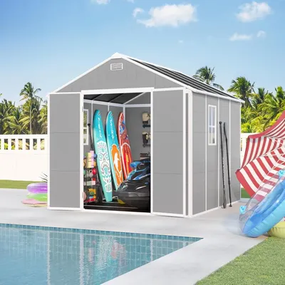 8x8 FT Plastic Waterproof Storage Sheds with Floor, Window, Lockable Doors and Vents, 3-Proof Design