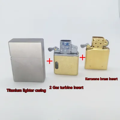 Titanium Shell Windproof Lighter with Brass Oil Fuel insert & 2-Turbine Gas Insert Waterproof & Durable Men's Gift