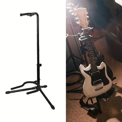 TEMU Foldable Guitar Stand - Alloy Construction, Hanging Shelf Design With Neck Support For Acoustic, Electric, And Bass Guitars - Polished Black Finish