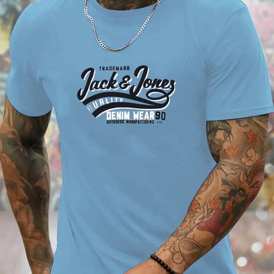 TEMU Men's Casual Athletic Short Sleeve T-shirt - Summer Style, Black Denim Print, Lightweight Polyester, Round Neck, Machine Washable, Leisure Image