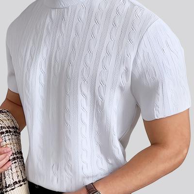 TEMU Men's Summer Fashion Slim-fit Turtleneck Short Sleeve T-shirt With Geometric Pattern, Stretch Polyester Fabric - Machine Washable Image