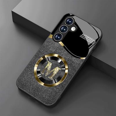 TEMU Luxury Glitter Gold Letter Glass Phone Case For Galaxy S25/s24/s23/s22/s20 & - Uv Printed Protective Cover With Sparkling Black Background & Chic Metallic Accents, Cute Phone Case Image