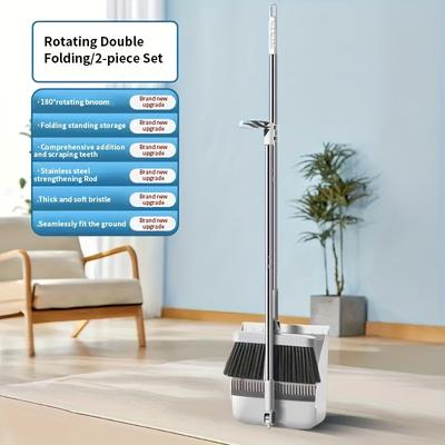 TEMU Magnetic Cleaning Broom Set With 2 Pieces, Foldable Soft-bristle Broom And Squeegee, Featuring A Rotating Design. Image