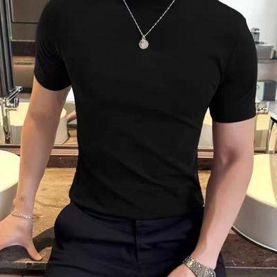 TEMU Men's Sleek Black Mock Neck Short Sleeve T-shirt - Stretchy, Breathable Polyester Blend, Casual & Sporty Summer Tee For Casual Attire Image