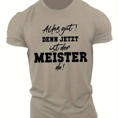 "TEMU Men's Casual Summer T-shirt With "! Denn Jetzt Ist Der Meister Da!" Print - Black, Short Sleeve, Round Neck, Polyester, Regular Fit, Casual Wear| Text Design|stretchable Fabric" Image