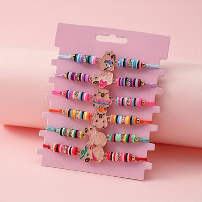 TEMU 6pcs Cute Acrylic And Nylon Friendship Bracelet Set With Pendants And Mosaic Design - , Daughters, Granddaughters, And Party Gifts Image