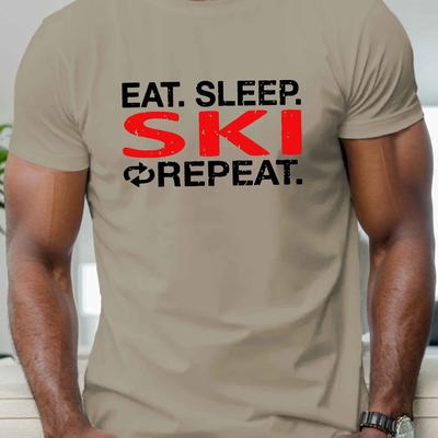 TEMU Men's Casual Ski Graphic Tee, 100% Polyester Crew Neck Short Sleeve T-shirt, Regular Fit Summer Knit Top With Stretch, Geometric Pattern - Black Image
