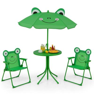 Costway 4 Pieces Kids Picnic Set with 2 Folding Chairs and Height Adjustable Umbrella-Green