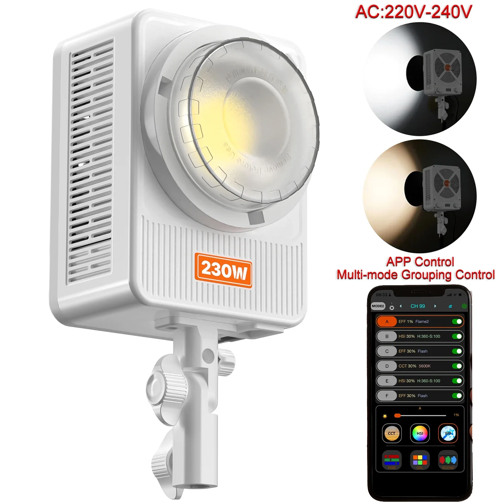 230 W Fotostudio-Licht, LED-Videofotografie, kontinuierliche Beleuchtung, zweifarbig, 2700 K–6500 K, Bowens-Montage, manuelle App-Steuerung, Strahler Image