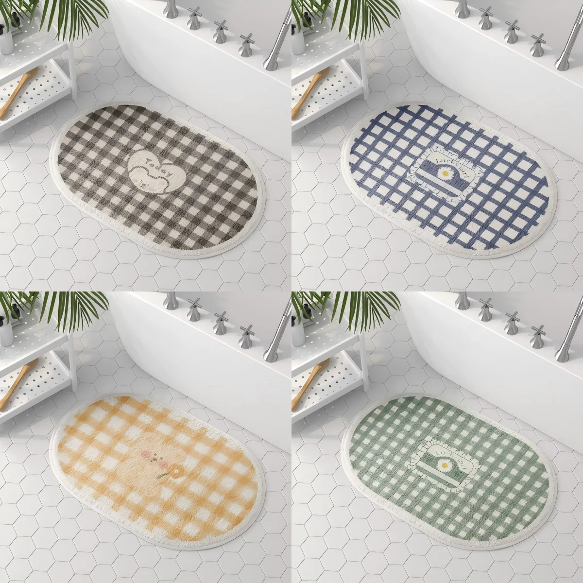 VIKAMA Imitierter Kaschmir-Teppich, kleines frisches Gitter, Heimdekoration, weiche Kühlung, Schlafzimmer-Fußmatte, Badezimmer-WC-Bodenmatte Image