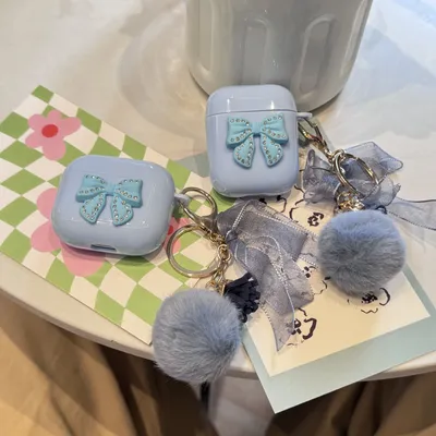 Niedliche 3D-Hülle mit blauer Schleife für AirPods 4, 3, 1, Pro, 2. Bluetooth-Kopfhörer-Abdeckung, weiche Silikon-Abdeckung, Schutzhülle, Anhänger Image