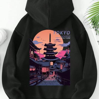 TEMU Women's Plus Size Hoodie, Autumn/winter Knitted Pullover With Drawstring, Casual Japanese Architecture Print, Stretchy Polyester Fabric, Crew Neck, Oversized Sweatshirt Image