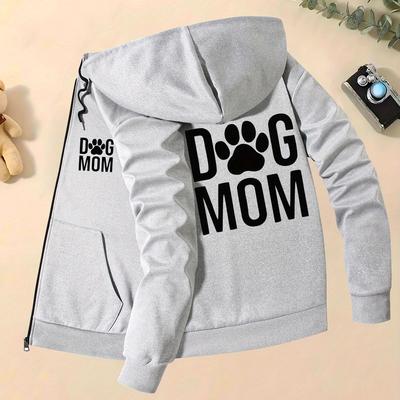 TEMU Men's Dog Mom Graphic Print Hooded Jacket - Slim Fit Casual Zip-up Coat With Pockets, Black With White Paw , Fall/, Dog Clothes, Cozy Outerwear, Modern , Durable Outerwear Image