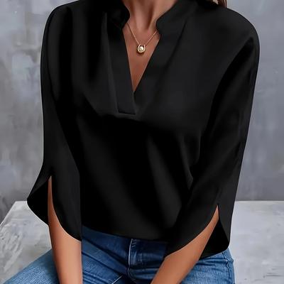 TEMU Women's Elegant V-neck 3/4 Sleeve Blouse - Lightweight Solid Color Top For Spring Summer, Machine Washable Office & Everyday Shirt, Modern Fashion, Sophisticated Tailoring Image