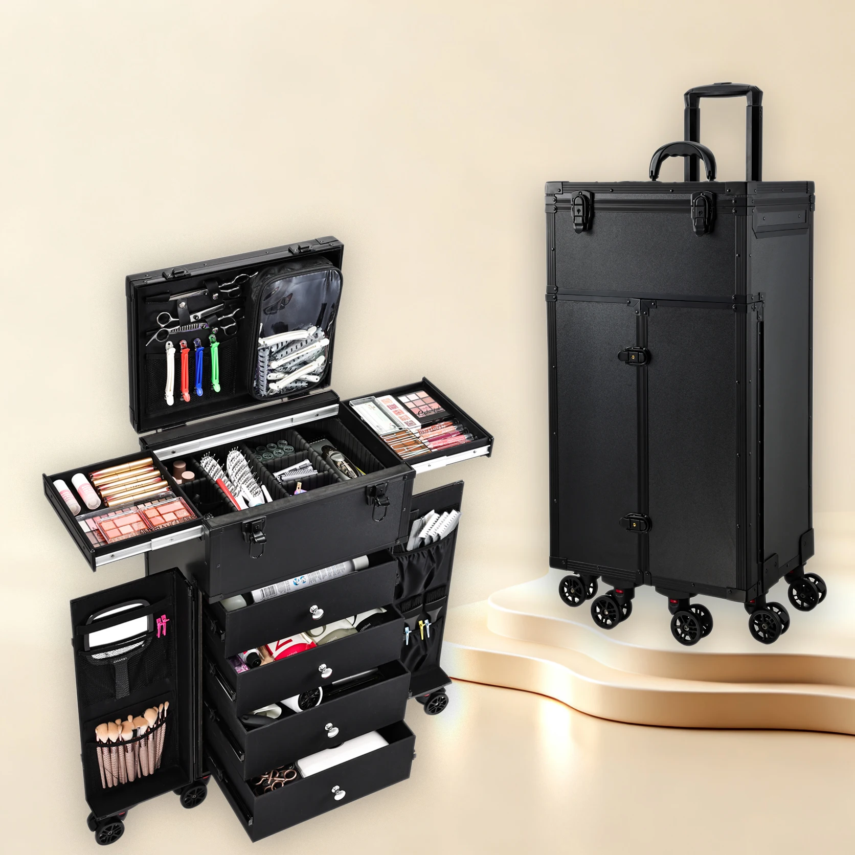 Professioneller rollender Make-up-Koffer mit 4 Schubladen, Make-up-Künstler, Kosmetik-Zug-Koffer, Friseur-Reise-Koffer mit mehreren Fächern Image