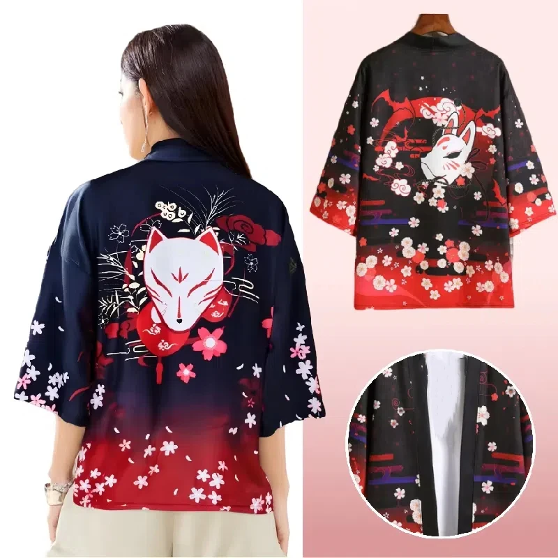 Herren-Kostüm mit Farbverlauf, asiatischer traditioneller Haori-Kimono, Fuchsmaske, rosa Blumendruck, vorne offen, Yukata-Jacke, japanisches Anime-Cosplay-Kostüm Image