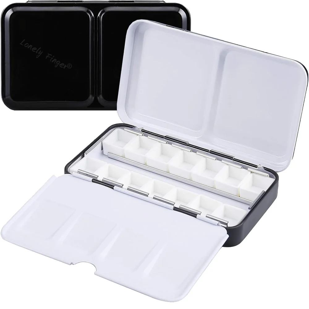 Leere Aquarell-Farbpalette: Reise-Aquarell-Palettendose mit 14-halben Pfannen – tragbare Metall-Paletten-Dose Image