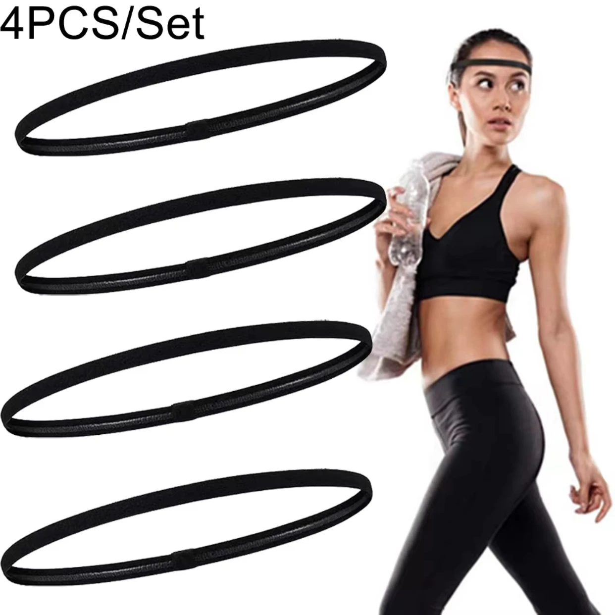 4-teiliges, rutschfestes, elastisches Sport-Stirnband, schwarz, dehnbares Haarband, Sport-Yoga-Lauf-Stirnband für Frauen und Mädchen Image
