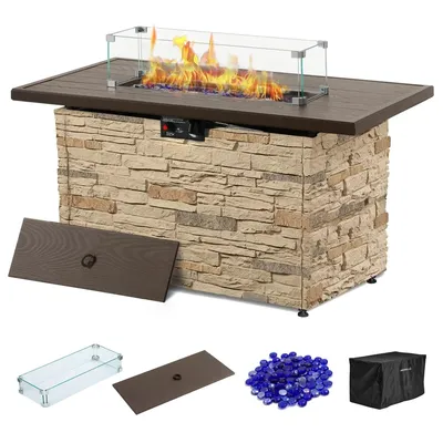 43" Propane Fire Pit Table, Outdoor Stone Firepit Table, Rectangular 50000 BTU Propane Fire Tables