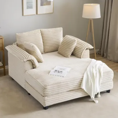 56" Oversized Sofa Chaise Lounge Chair, Beige Comfy Corduroy Chaise Upholstered Sleeper Couch Bed