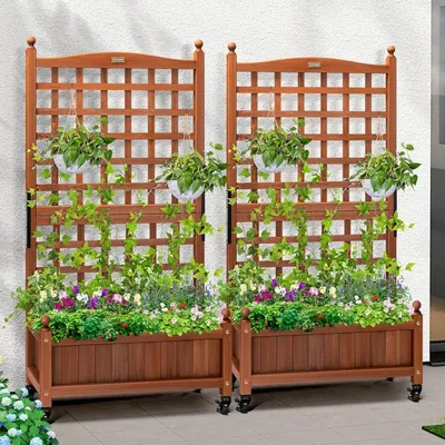 2 PCS Mobile Planter Box with Trellis 50 Inch Tall, Standing Natural Wood Raised Garden Bed Outdoor