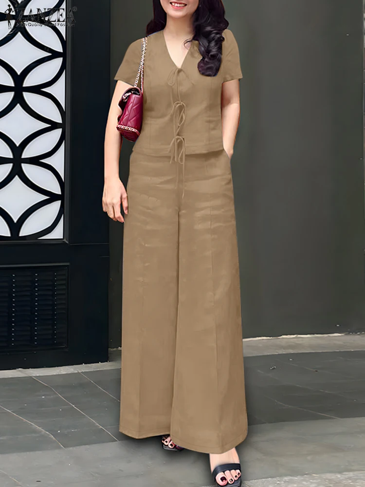 ZANZEA Moda 2PCS Manica corta Camicetta solida Pant Set 2026 Donne di estate Set coordinati Casual OL Tute da lavoro Due pezzi Set