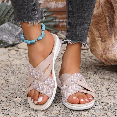 TEMU [everyday ] Women's Plus Size Summer Slide Sandals - Open Toe, Slip-on, Flat Heel, Striped Design In /white, Lightweight Fabric Upper With Eva Sole, Vacation & Beach, Summer Sandals Image