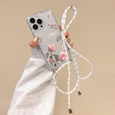 TEMU Fashion Creative All-inclusive Shockproof Pink Rose Pattern Lanyard Phone Case For 15 14 Pro Max Xs Xr Mini 7 8 Se2 Se3 Pm1 Image