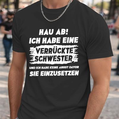 TEMU Men's Plus Size Casual T-shirt - 'i Have A Crazy Sister' Funny Print, Short Sleeve, Round Neck, Polyester, Black With White Text, Summer Essential, Machine Washable, Plus Size Image