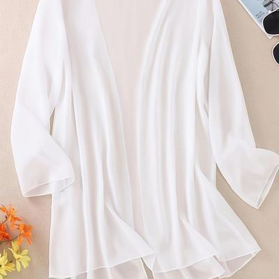 TEMU Women's Lightweight White Beach Cover-up Cardigan - Long Sleeve, Open Front, Flowing Design, Polyester, Spring/summer Fashion, Hand Wash Or , Spring Layering Piece | Open Front Design | Only Image