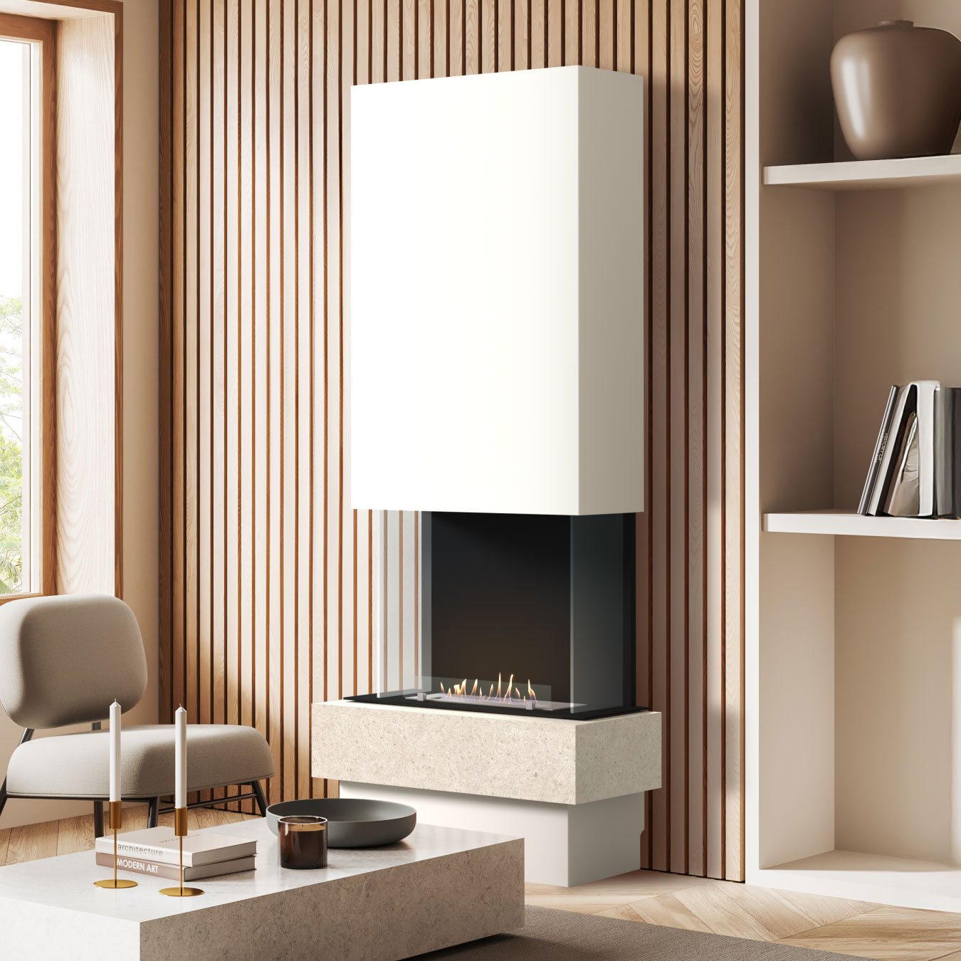 muenkel design Garda [moderner Design Ethanolkamin]: Jura (Schiefer beige) - safety burner 450 - Weiß