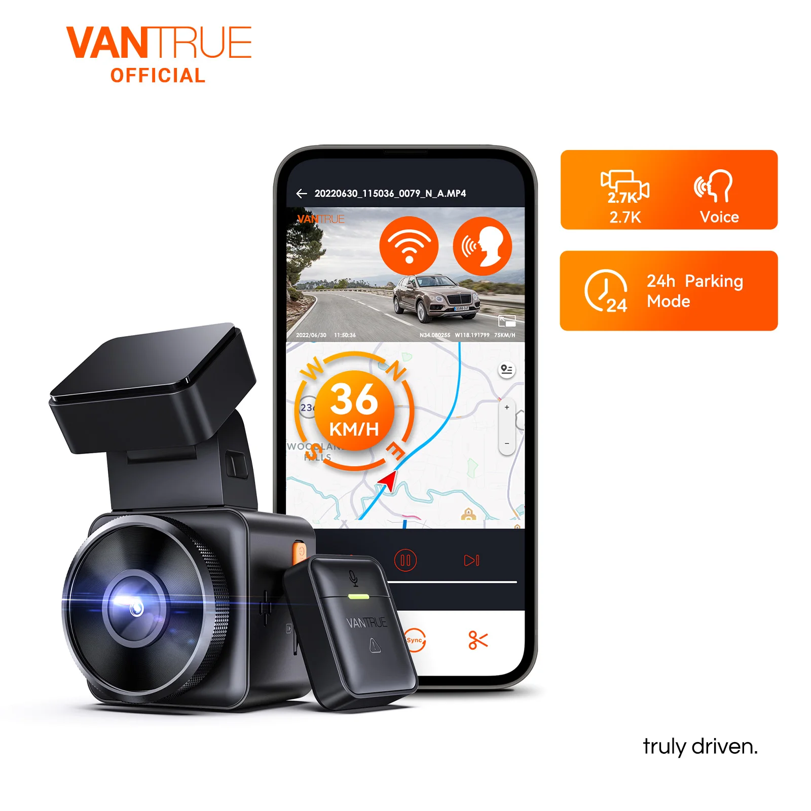 Vantrue E1 2,7K WiFi Mini Dashcam Sprachsteuerung Front Auto Dash Kamera mit GPS & Geschwindigkeit Super Nachtsicht 24H Parkmodus Image