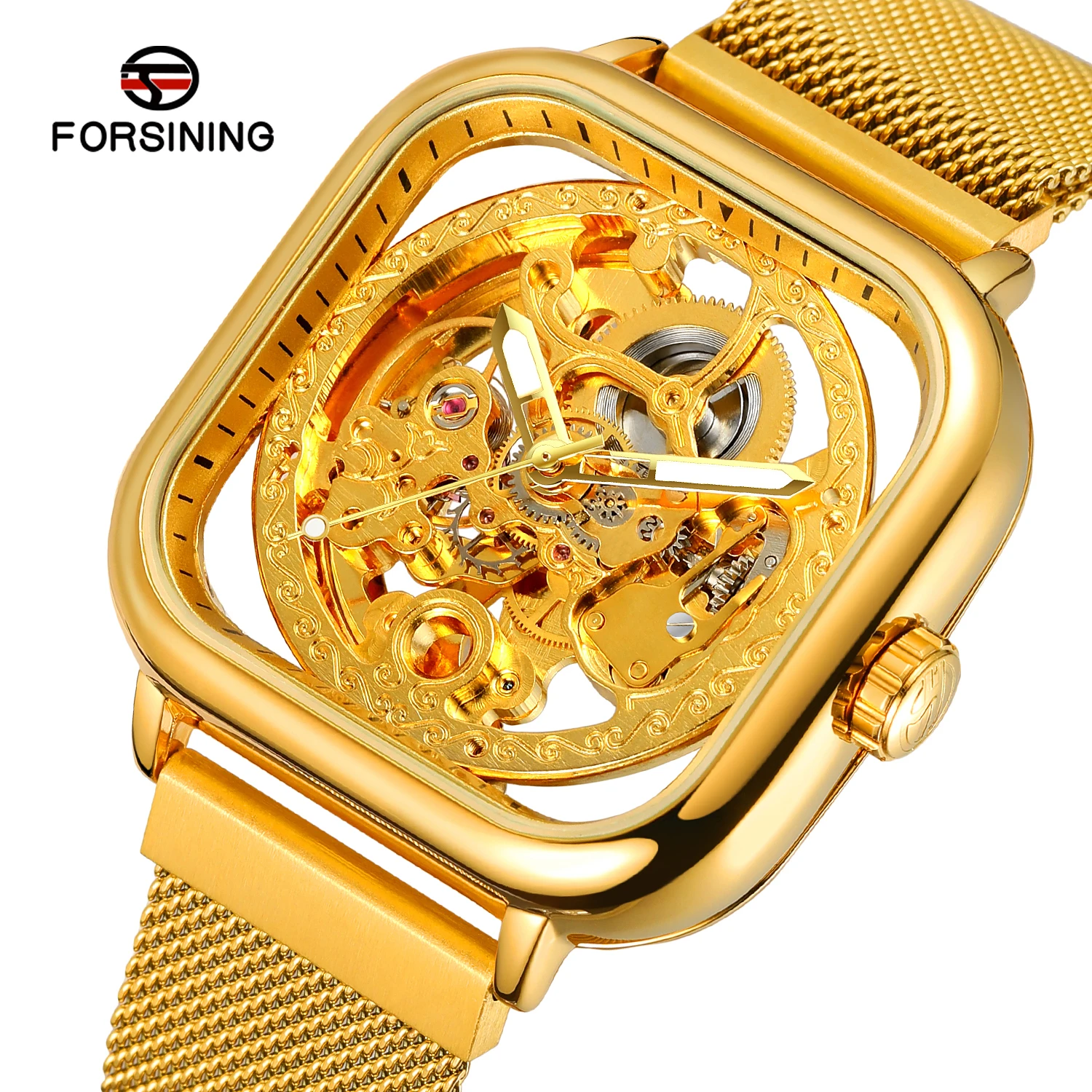 High-end FORSINING Designer Luxus Mann Gold Uhr Quadratische Stahl Skeleton Mechanische Uhrwerk Elegante Business Männliche Armbanduhr