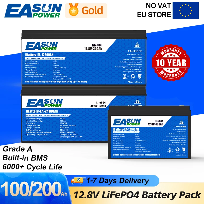 Lifepo4 batterie 12v 24v solar bateria 100ah 200ah lithium batterie pack in bms 6000 zyklus für haus speicher energie no vat Image