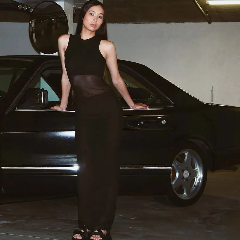 Neue Damenkleider, Sommer, ärmellos, durchsichtig, elegante Dame, schwarz, sexy Maxikleid, modisch, O-Ausschnitt, lässig, schmale Kleider, Kleidung