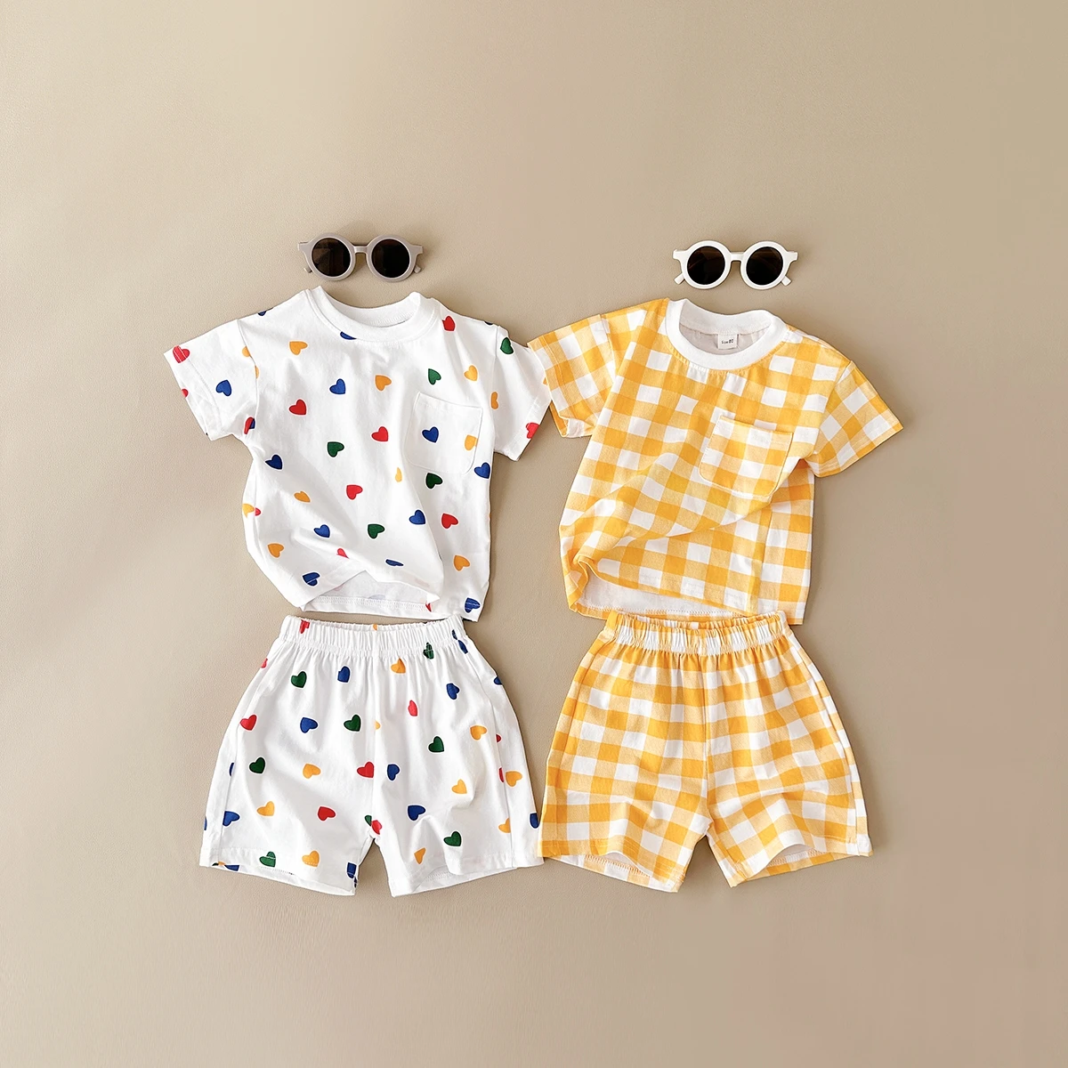 Kleinkind Sommer Casual Baby Kleidung Sets Liebe Voller Druck Und Grid T-shirt Tops + Shorts Baby Jungen Mädchen Kleidung Mode 2 teile/satz Image