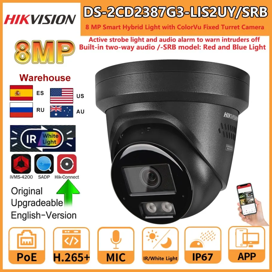 Hikvision 8MP IP-Kamera DS-2CD2387G3-LIS2UY/SRB Smart Hybrid Light ColorVu Turret-Kamera Rot Blaulicht Audio Alarm 2-Wege-Audio Image