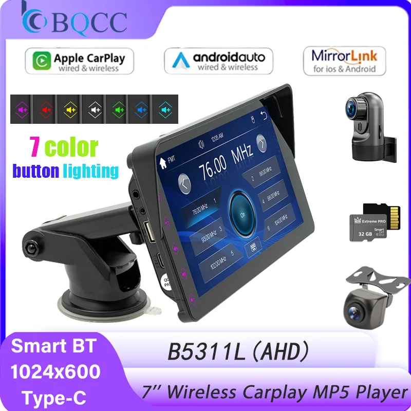 Bqcc 7 ''ips tragbare mp5 Auto-Player drahtlose Carplay Android Auto Mirror link Typ-C-Schnitts telle bunte Taste Licht Autoradio Image