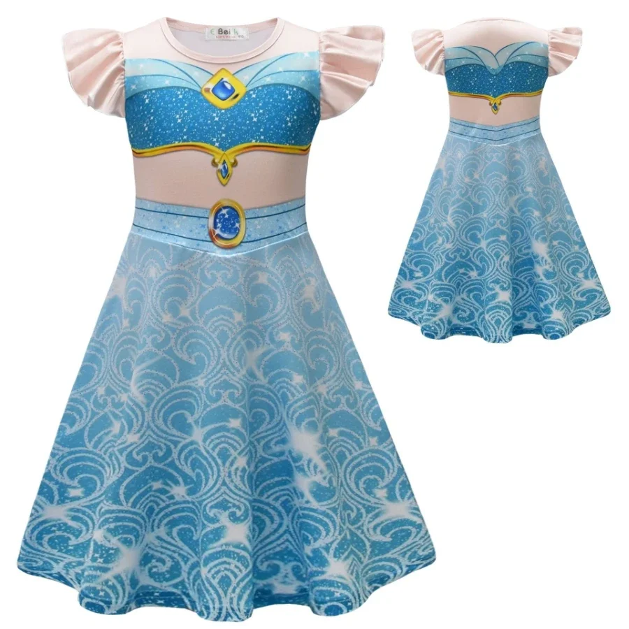 Mädchen Cartoon Meerjungfrau Prinzessin Kleid Blau Schneeflocke Druck Kleid Baby Mädchen Sommer Fliegen Sleeve Kleid Kinder Casual Party Kleidung Image