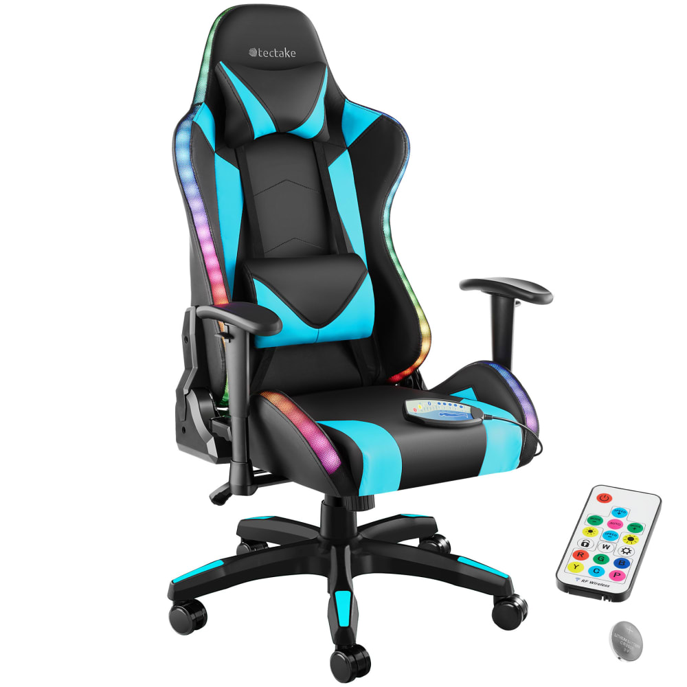 Chaise de gaming dossier réglable avec fonction massage et LED azur