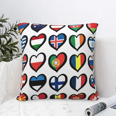 Eurovision Song Contest Flags Hearts Square Pillowcase Polyester Pillow Cover Decor Comfort Throw