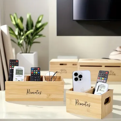 Remote Control Holder, Farmhouse Remote Storage Box, Bedside TV Controller Caddy, Rustic Wood Media