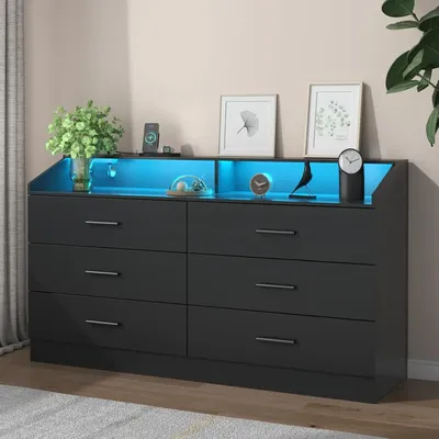 Chest of Drawers with LED Light, Modern Dresser with Open Storage Cubby, Double Wide Dresser