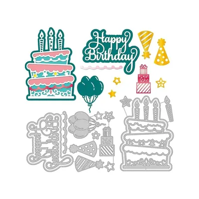 1Sheet Happy Birthday Theme Die Cuts Cake Balloon Hat Metal Embossing Stencil for Holiday Card