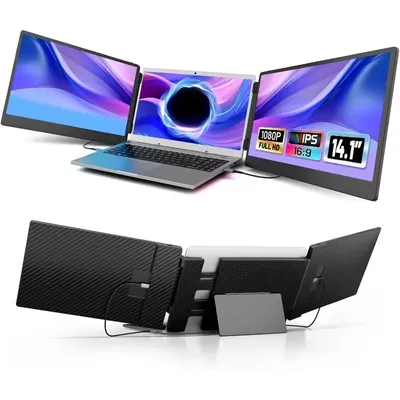 Laptop Screen Extender - 14.1" Triple Portable Monitor with Sturdy Metal Kickstand for 13-17 Inch