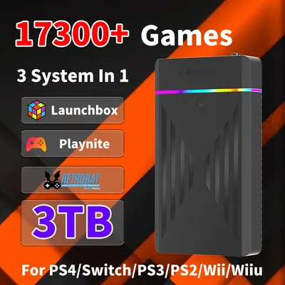 3TB External Game Hard Drive Launchbox&Playnite&Retrobat for PS4/PS3/PS2/Switch/Wii/Wiiu/N64 with