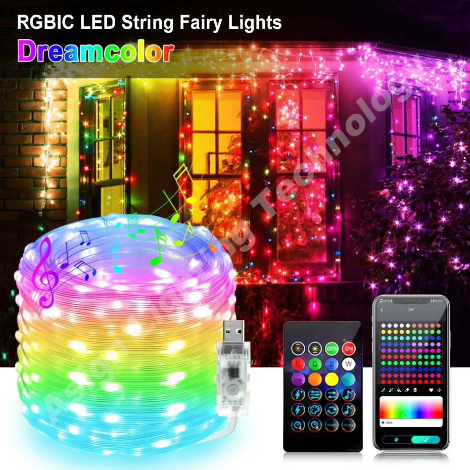 Guirxiété lumineuse LED USB avec contrôle Bluetooth, éclairage RGBIC adressable, décoration de Noël bricolage, DC5V, 10m, 25m, 50m